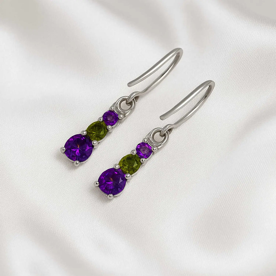 Pure Silver Drop Earrings with Amethyst & Peridot Accents- Made With Pure 925 Silver