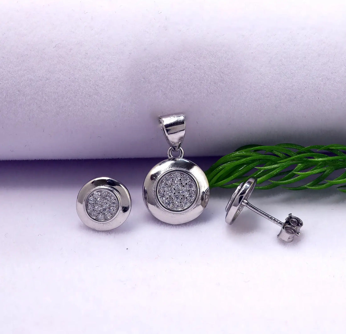 Classic Round Silver Pendant & Earrings Set - Made With Pure 925 Silver