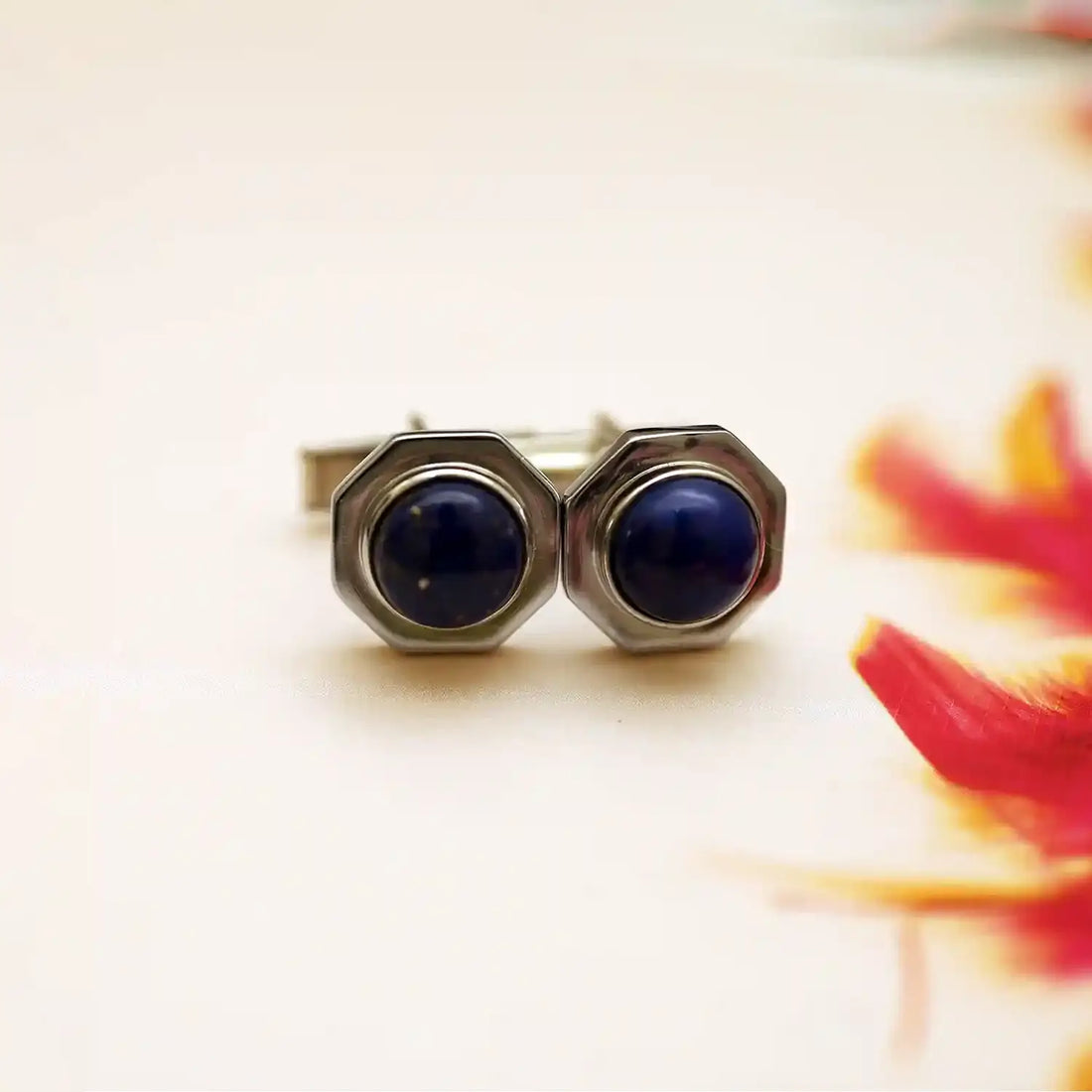 Hexagonal  Pure Silver Cufflinks with Lapis Blue Stone - Made With Pure 925 Silver