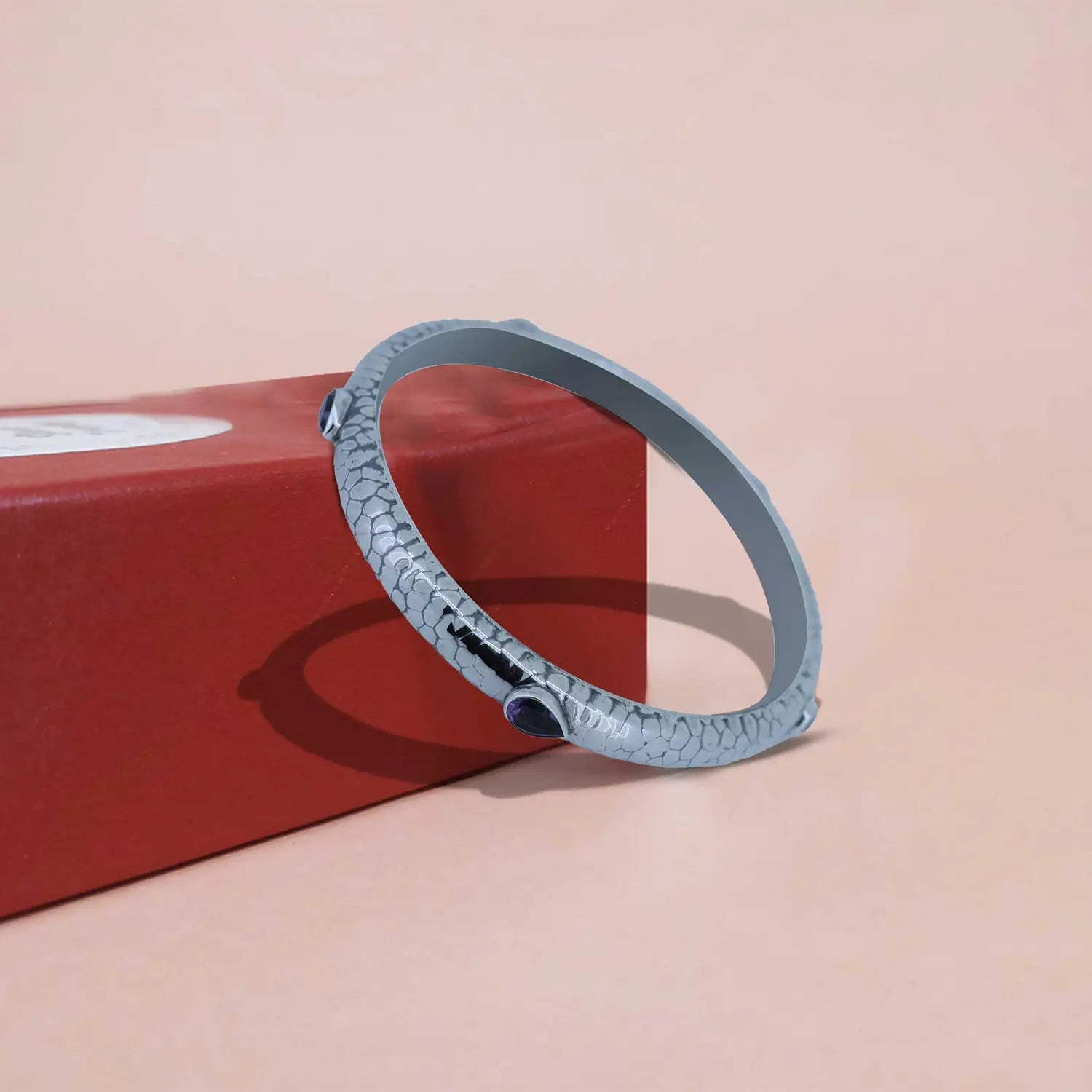 Textured Pure Silver Kada with  Purple Stones- Made With Pure 925 Silver