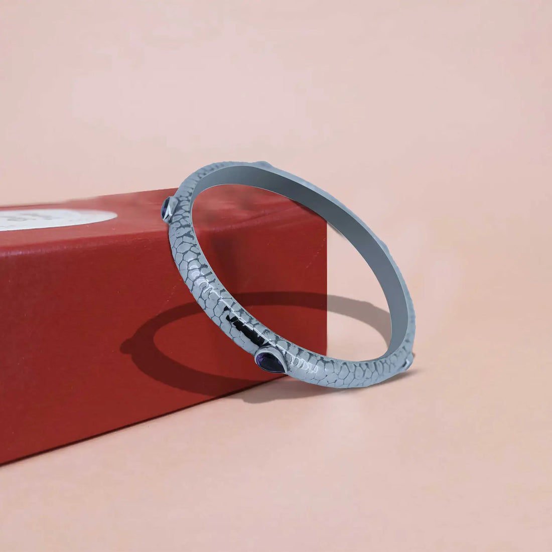 Textured Pure Silver Kada with  Purple Stones- Made With Pure 925 Silver