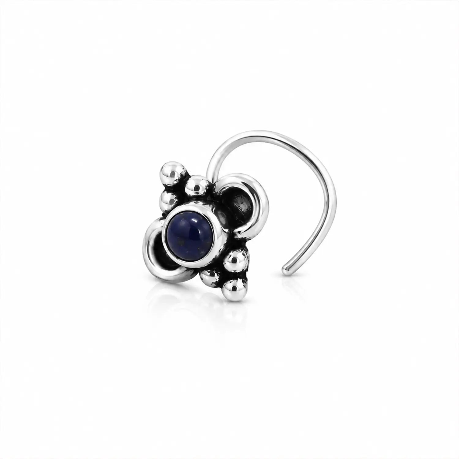 Elegant Pure Silver Nose Pin with Blue Stone- Made With Pure 925 Silver
