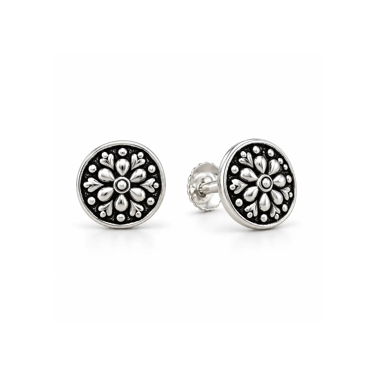 Floral Charm Oxidised Silver Stud Earrings - Made With Pure 925 Silver