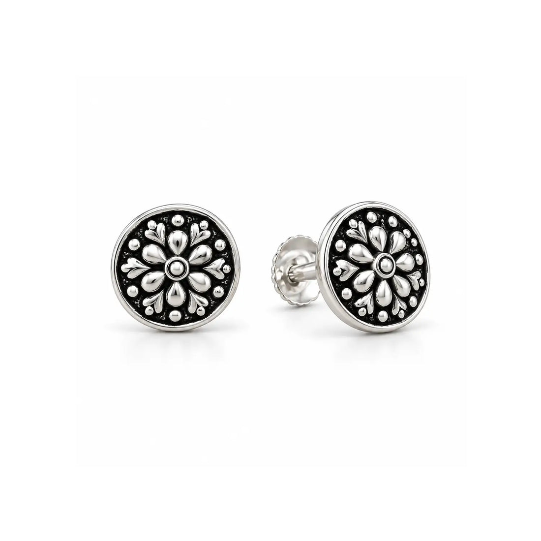 Floral Charm Oxidised Silver Stud Earrings - Made With Pure 925 Silver