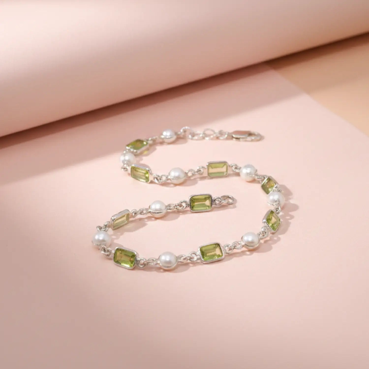 Peridot & Pearl Link Sterling Silver Bracelet- Made With Pure 925 Silver