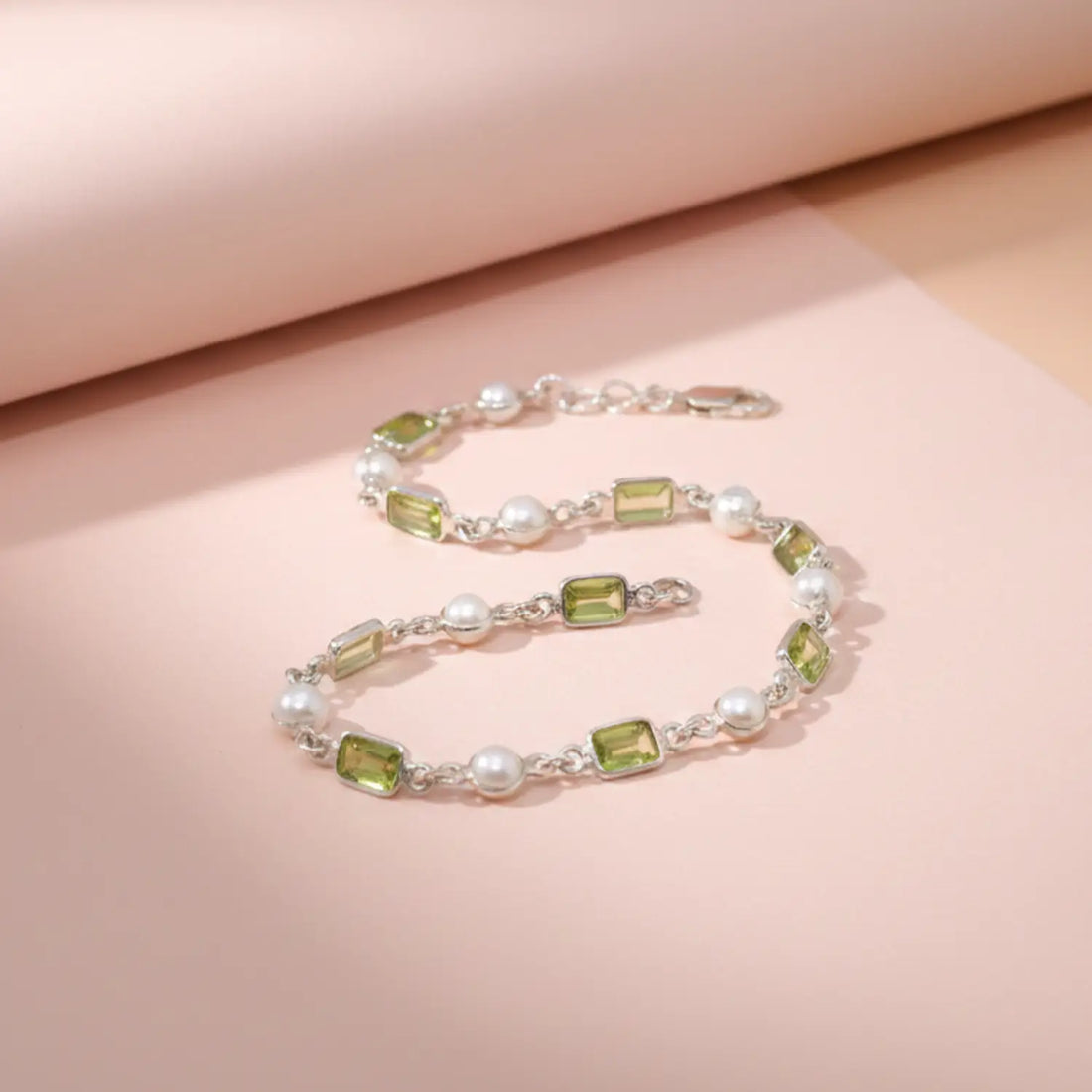Peridot & Pearl Link Sterling Silver Bracelet- Made With Pure 925 Silver