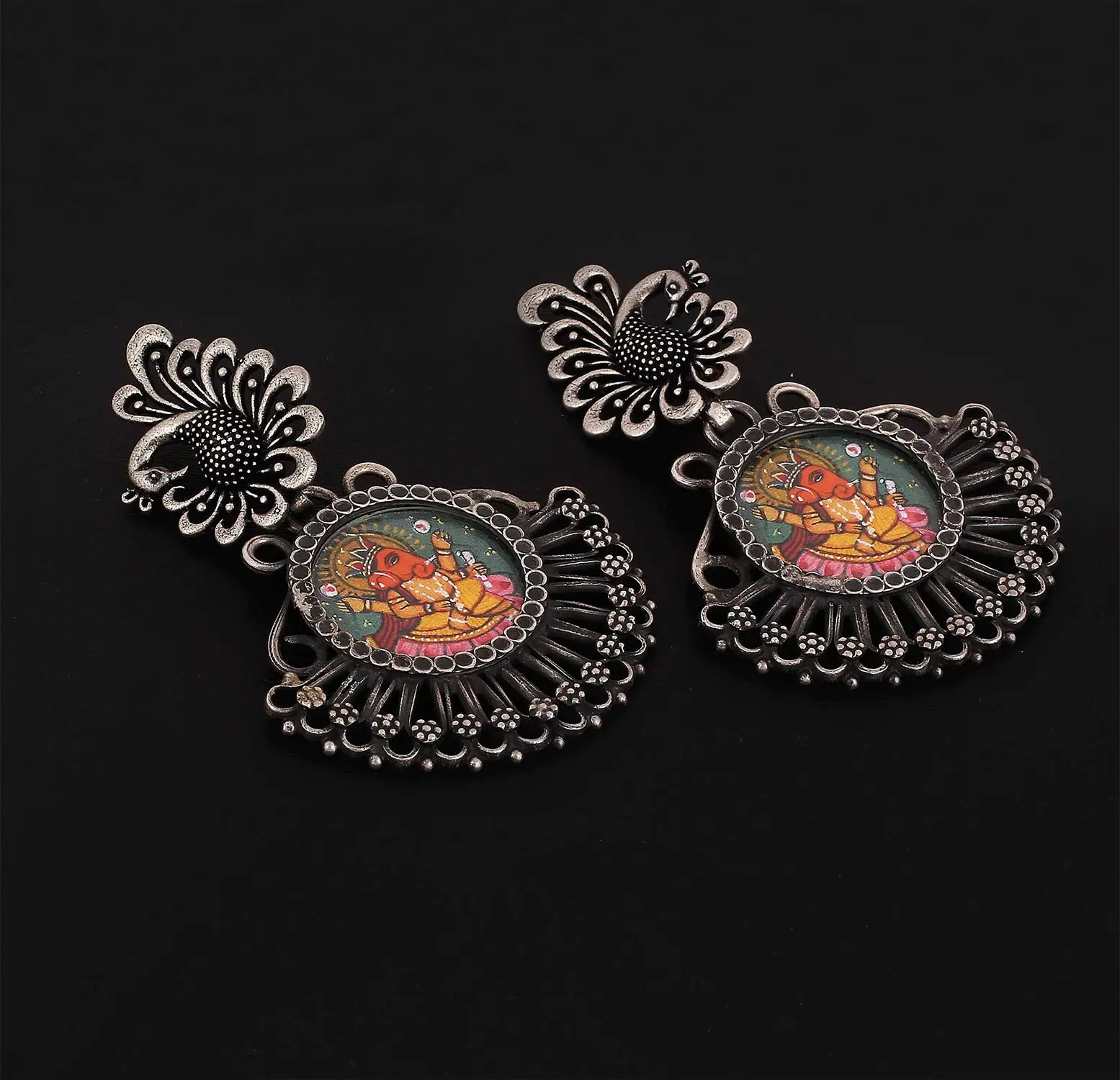 Silver Ganesha Art Mirror Work Earring