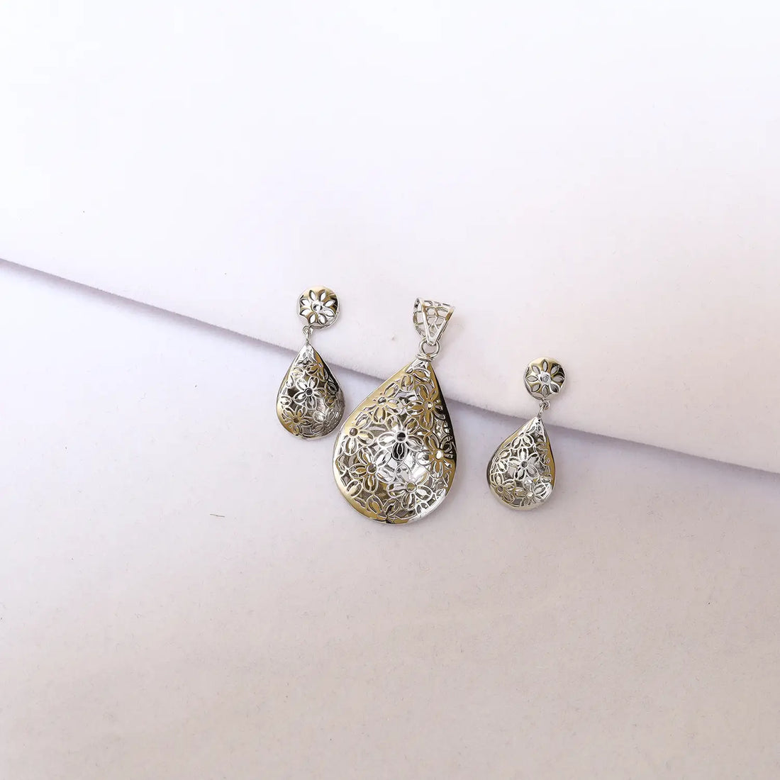 Elegant Floral Teardrop Filigree Pure Silver Pendant & Earrings Set - Made With Pure 925 Silver