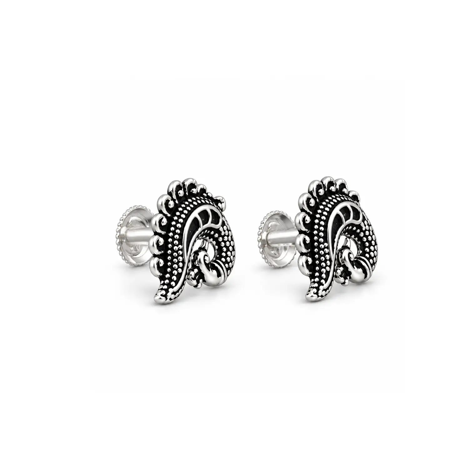 Traditional Paisley Oxidised Silver Stud Earrings - Made With Pure 925 Silver