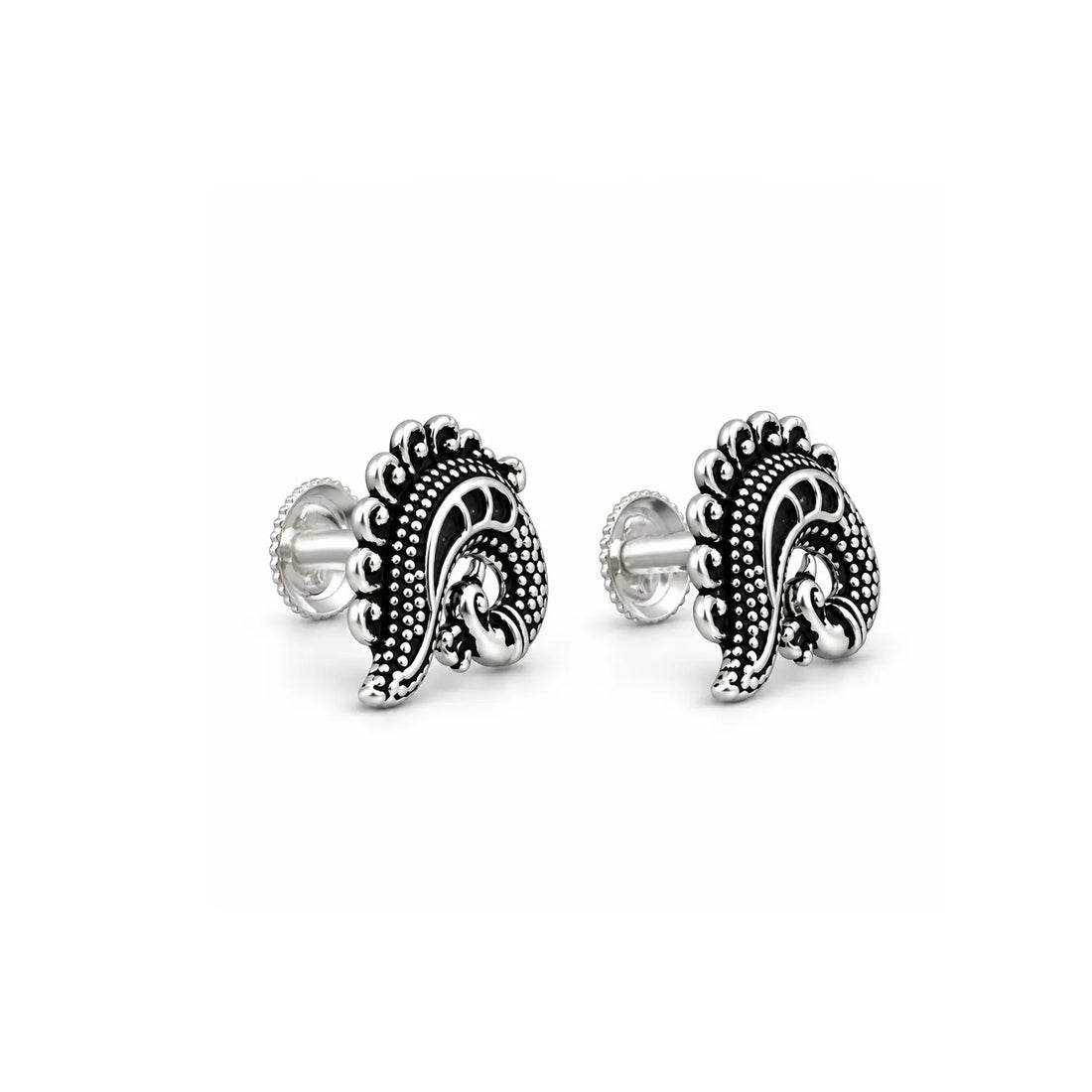 Traditional Paisley Oxidised Silver Stud Earrings - Made With Pure 925 Silver