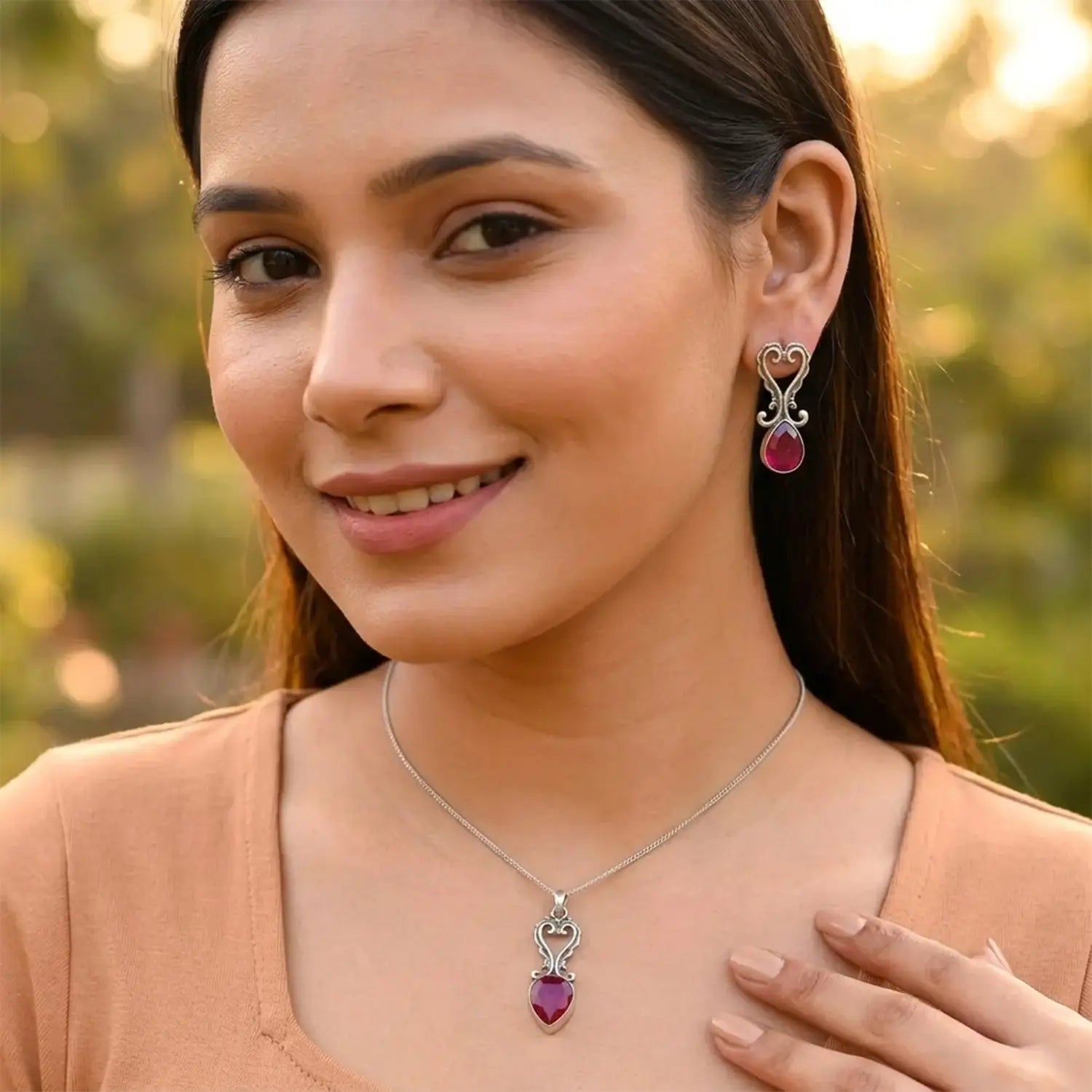 Elegant Ruby Heart Sterling Silver Pendant Set - Made With Pure 925 Silver