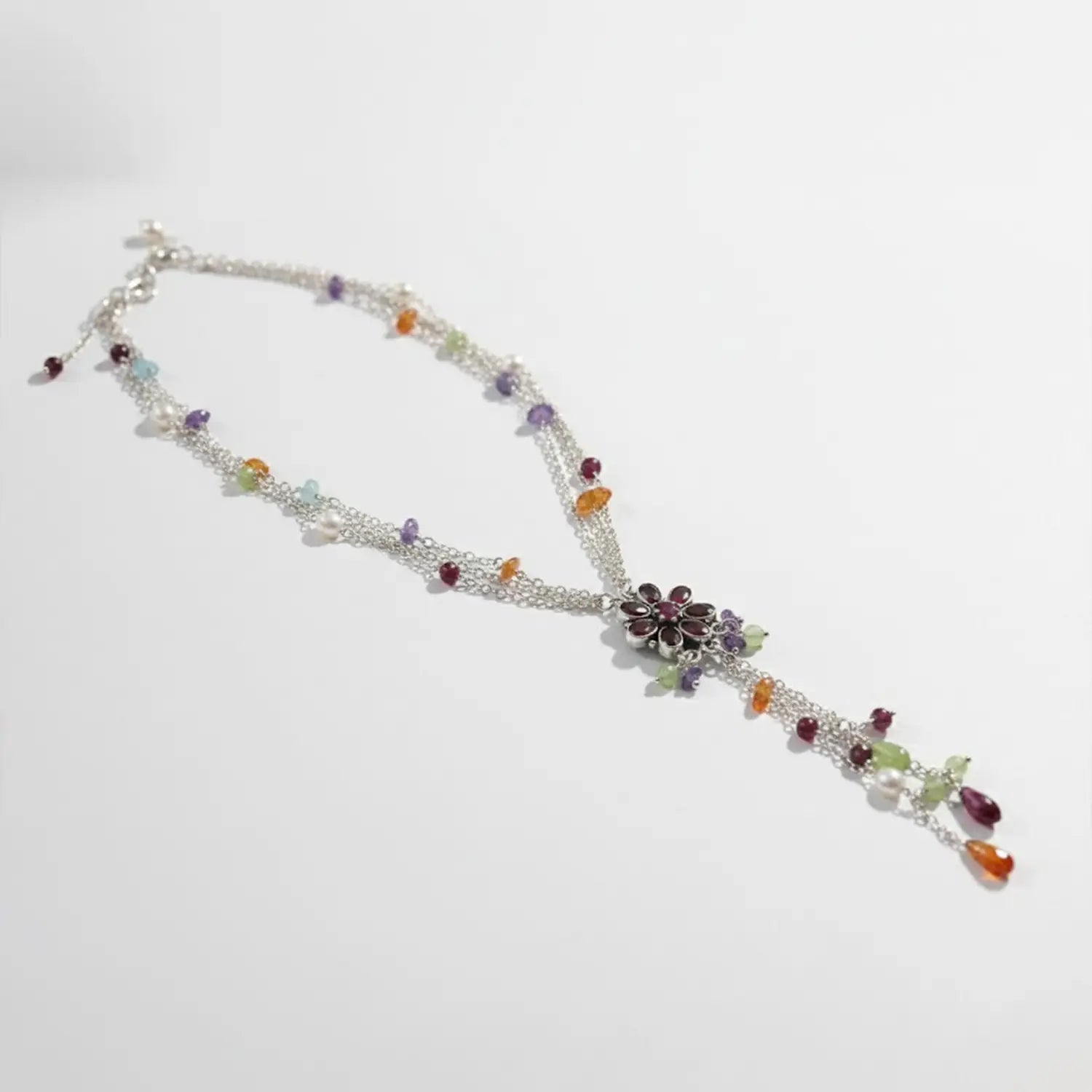 Multicolor Gemstone Floral Pure Silver Necklace- Made With Pure 925 Silver