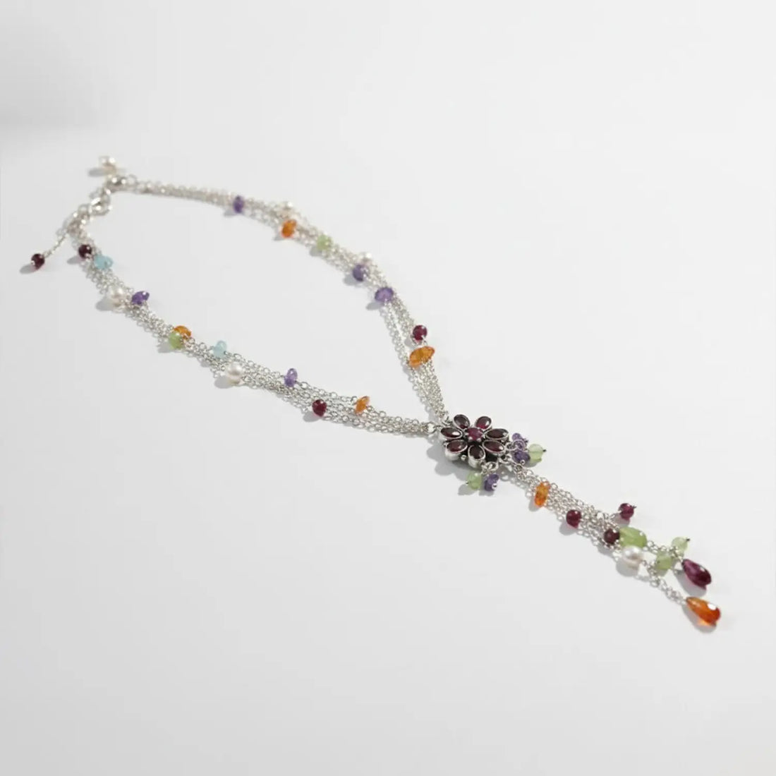 Multicolor Gemstone Floral Pure Silver Necklace- Made With Pure 925 Silver