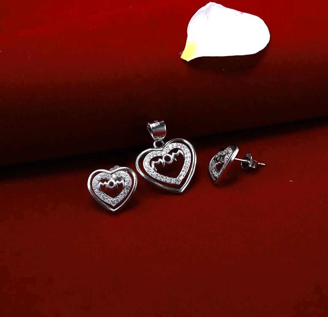 Silver Mom Pendant with & Earrings Set with CZ Stones - Made With Pure 925 Silver