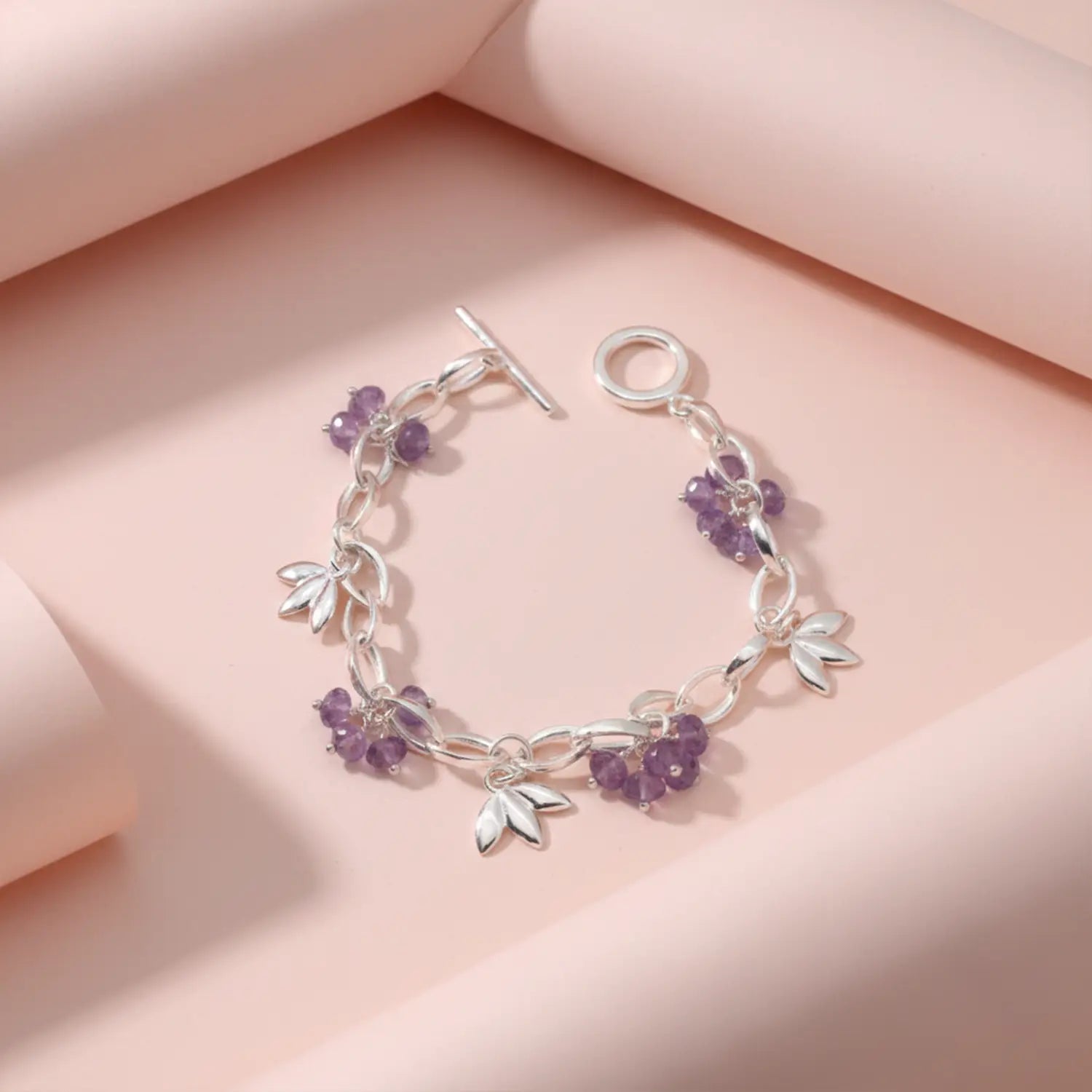 Amethyst Leaf Charm Sterling Silver Bracelet - Made With Pure 925 Silver