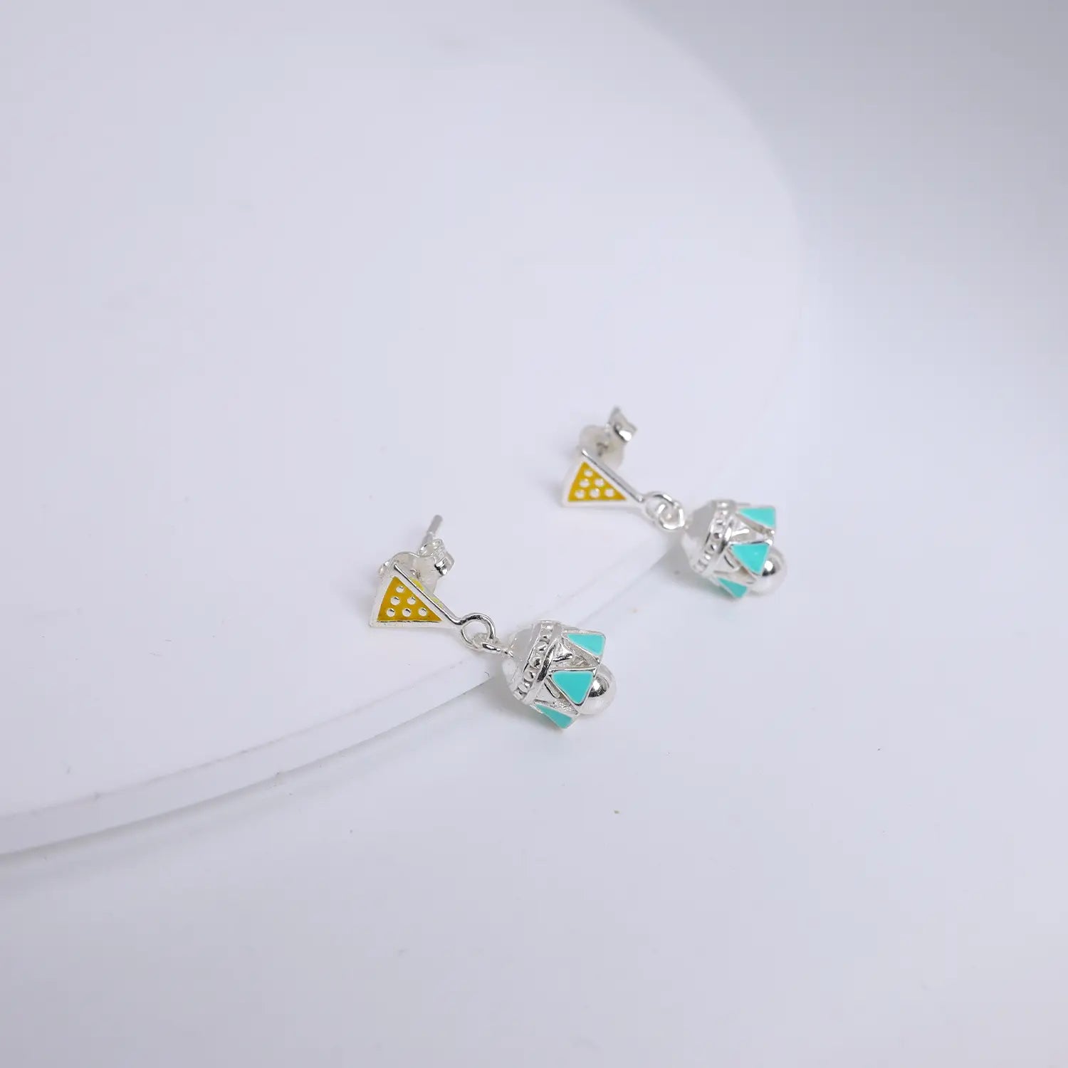 Mustard & Turquoise Geometric Pure Silver Jhumki Earrings - Made With Pure 925 Silver