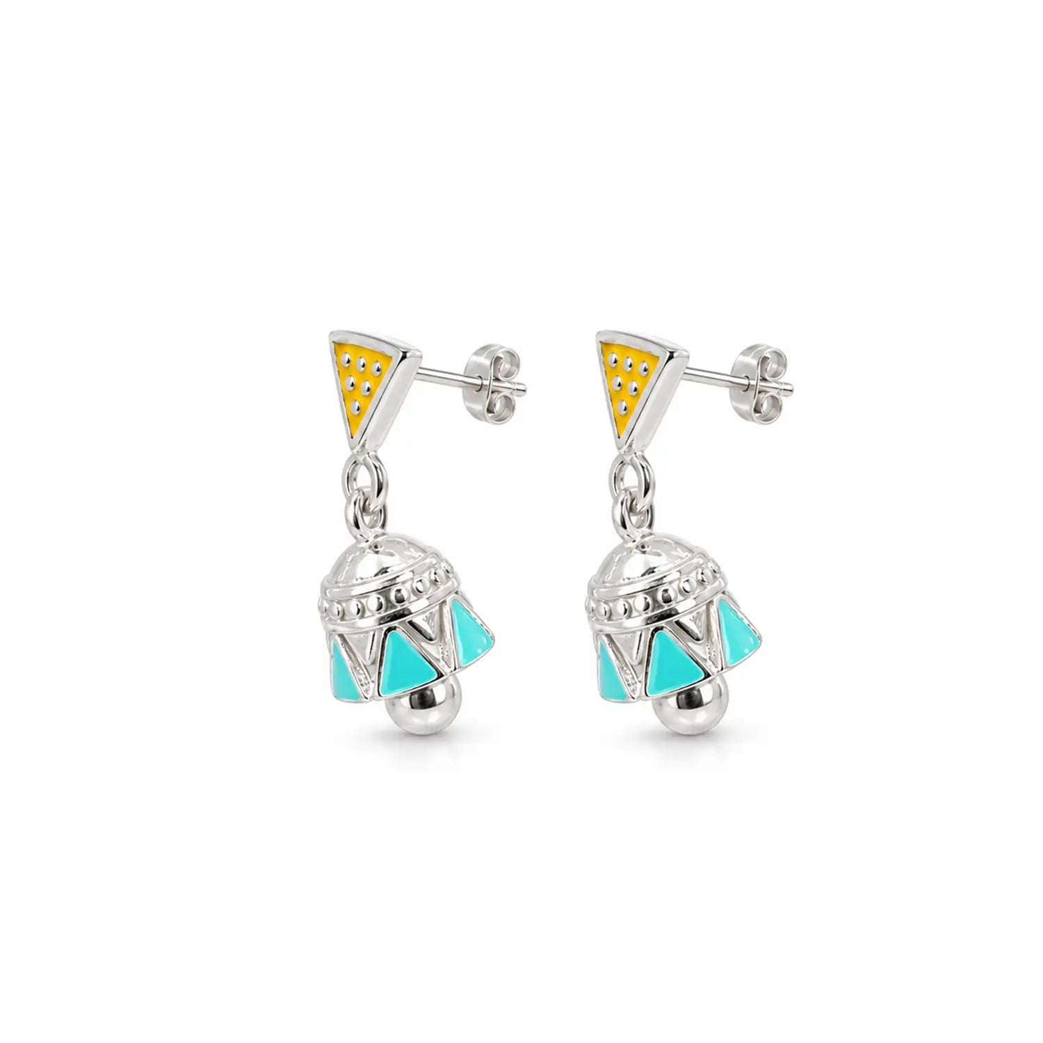 Mustard & Turquoise Geometric Pure Silver Jhumki Earrings - Made With Pure 925 Silver
