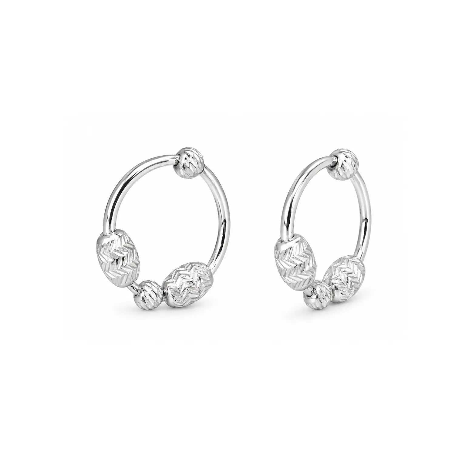 Textured Bead Accent Oval Hoop 925 Silver Earrings - Made With Pure 925 Silver