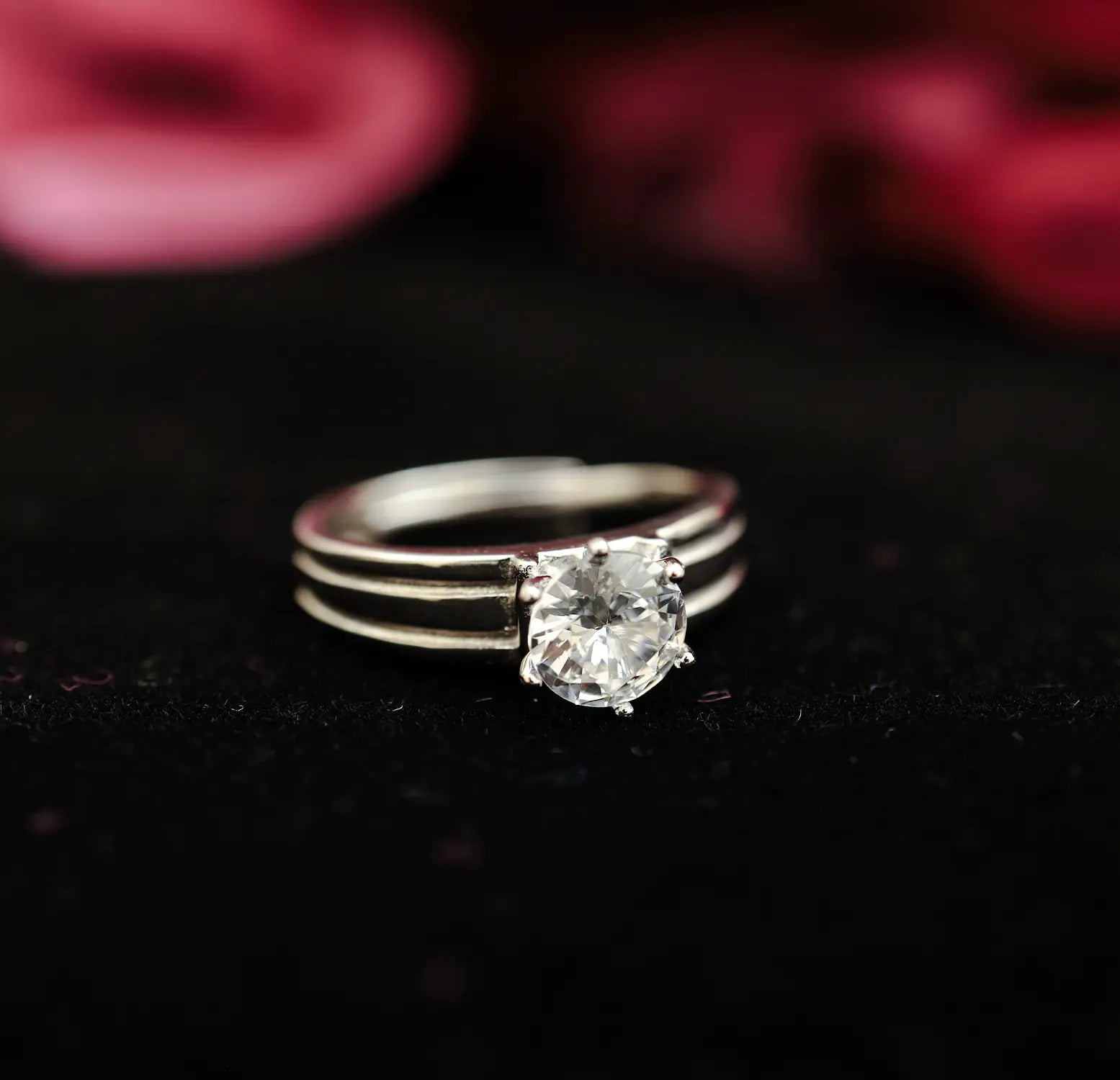 Classic Solitaire Silver Ring with Textured Band - Made With Pure 925 Silver