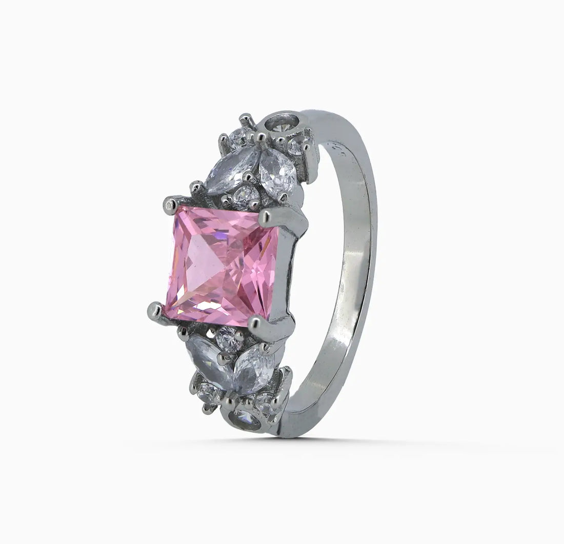 Pink Princess-Cut Stone Silver Ring - Made With 925 Pure Silver