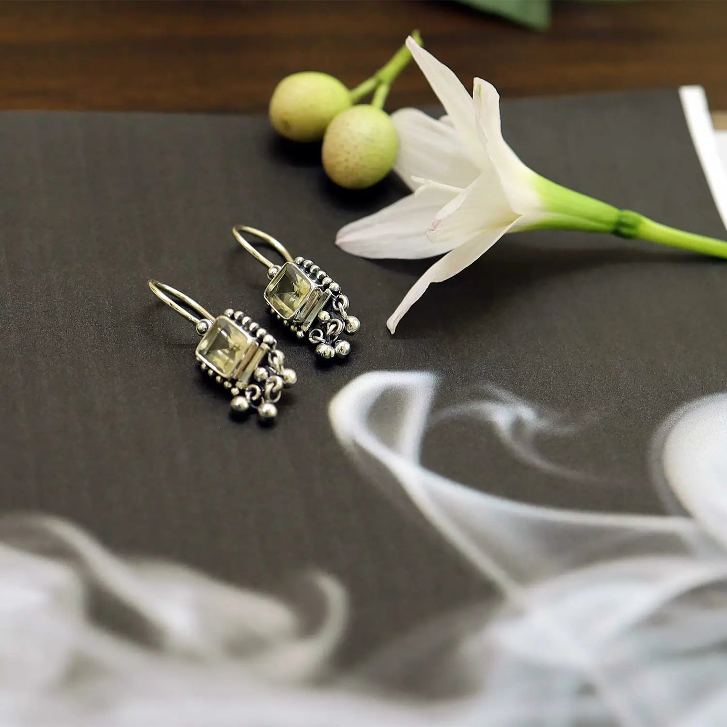 Pure Silver Square Green Stone Earrings- Made With Pure 925 Silver