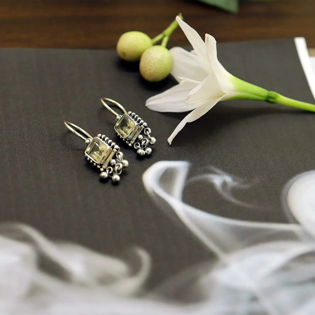Pure Silver Square Green Stone Earrings- Made With Pure 925 Silver