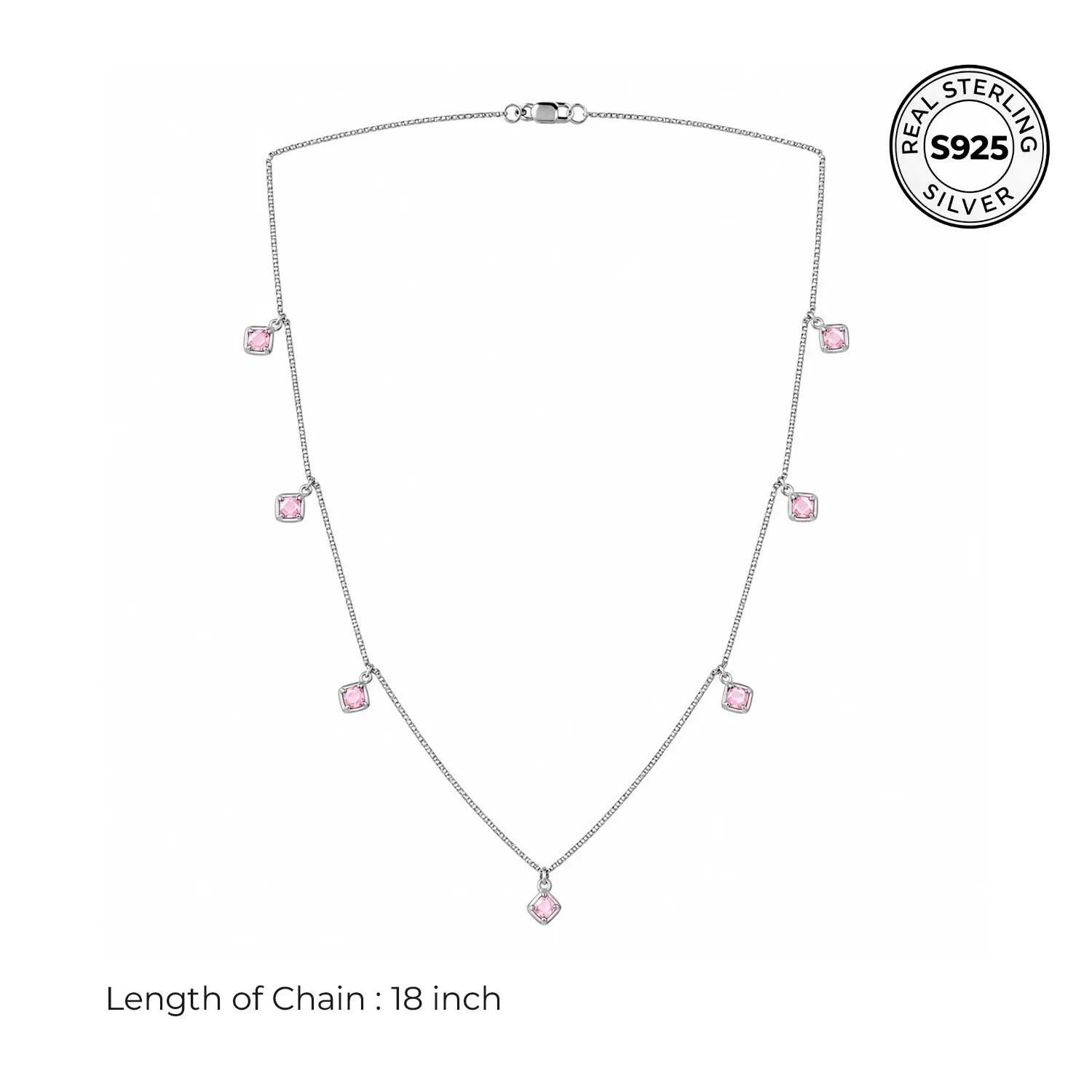 Elegant Pink Square Charm Silver Chain - Made With Pure 925 Silver