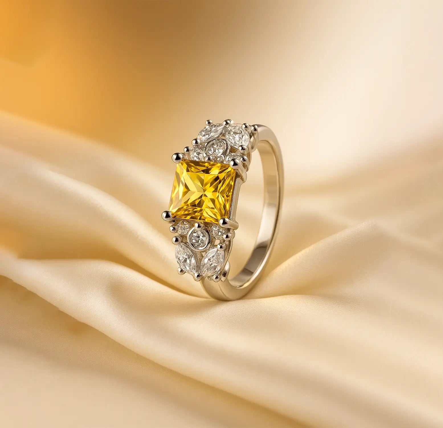 Pure Silver Yellow Princess-Cut Ring - Made With Pure 925 Silver