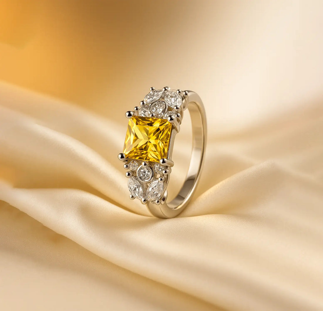 Pure Silver Yellow Princess-Cut Ring - Made With Pure 925 Silver