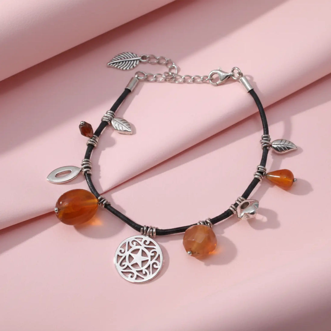 Carnelian Charm Black Cord Sterling Silver Bracelet- Made With Pure 925 Silver