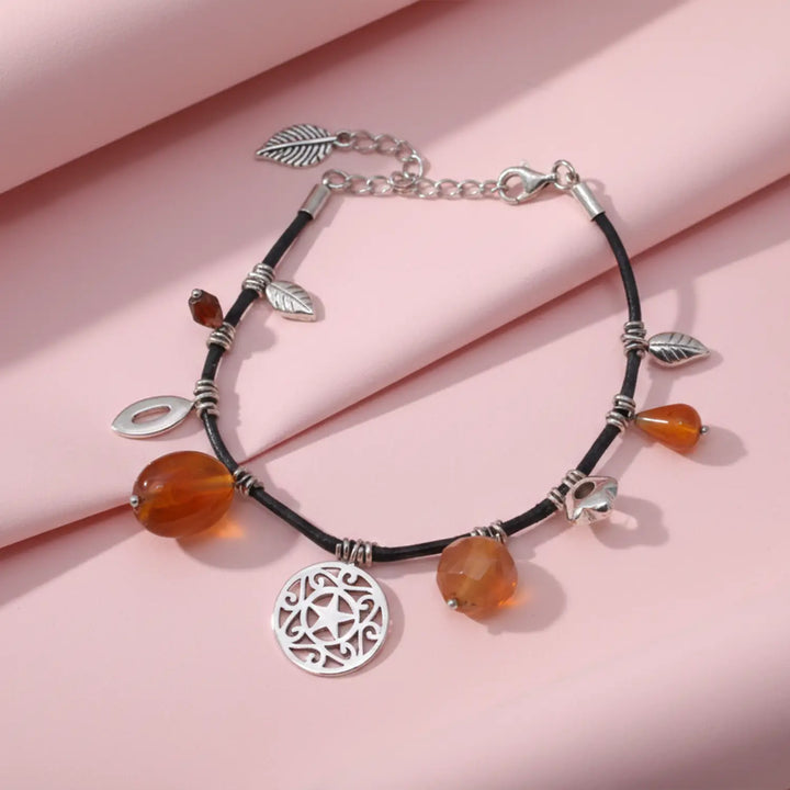 Carnelian Charm Black Cord Sterling Silver Bracelet- Made With Pure 925 Silver