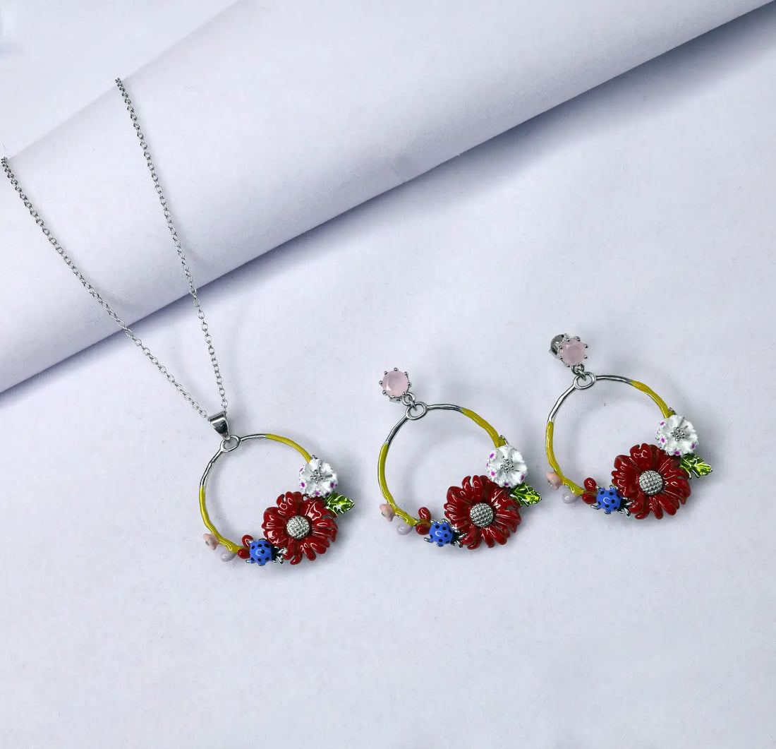 Floral Harmony Silver Necklace Set- Made With Pure 925 Silver
