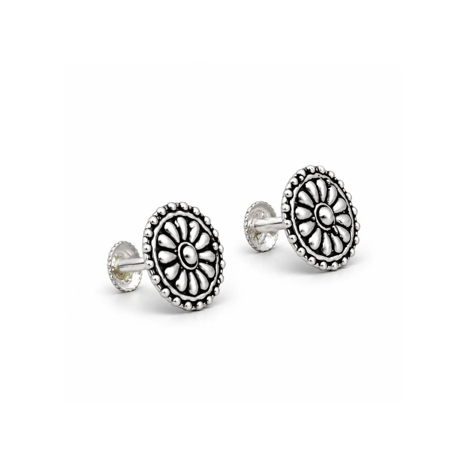 Classic Floral Oxidised Silver Stud Earrings - Made With Pure 925 Silver