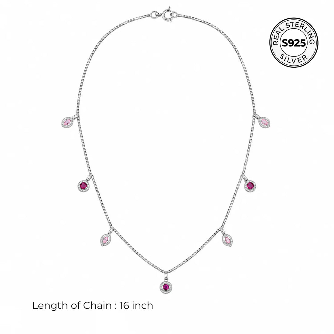 Pink & Ruby Drop Charm Silver Chain - Made With Pure 925 Silver