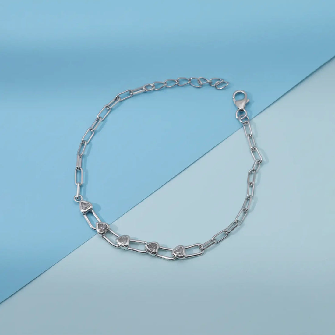 Crystal Heart Link Pure Silver Bracelet - Made With Pure 925 Silver