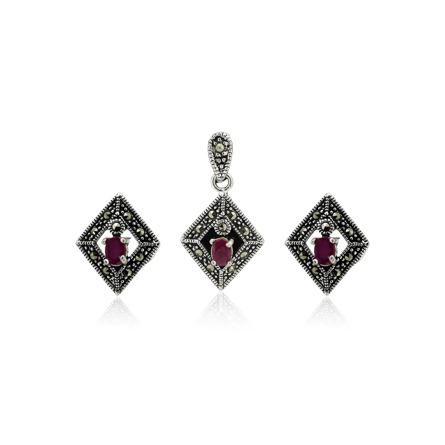 Oxidised Silver Ruby Stone Pendant & Earring Set - Made With Pure 925 Silver