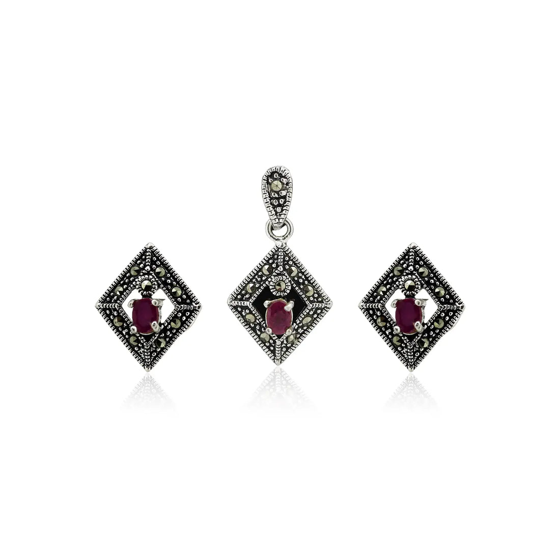Oxidised Silver Ruby Stone Pendant & Earring Set - Made With Pure 925 Silver