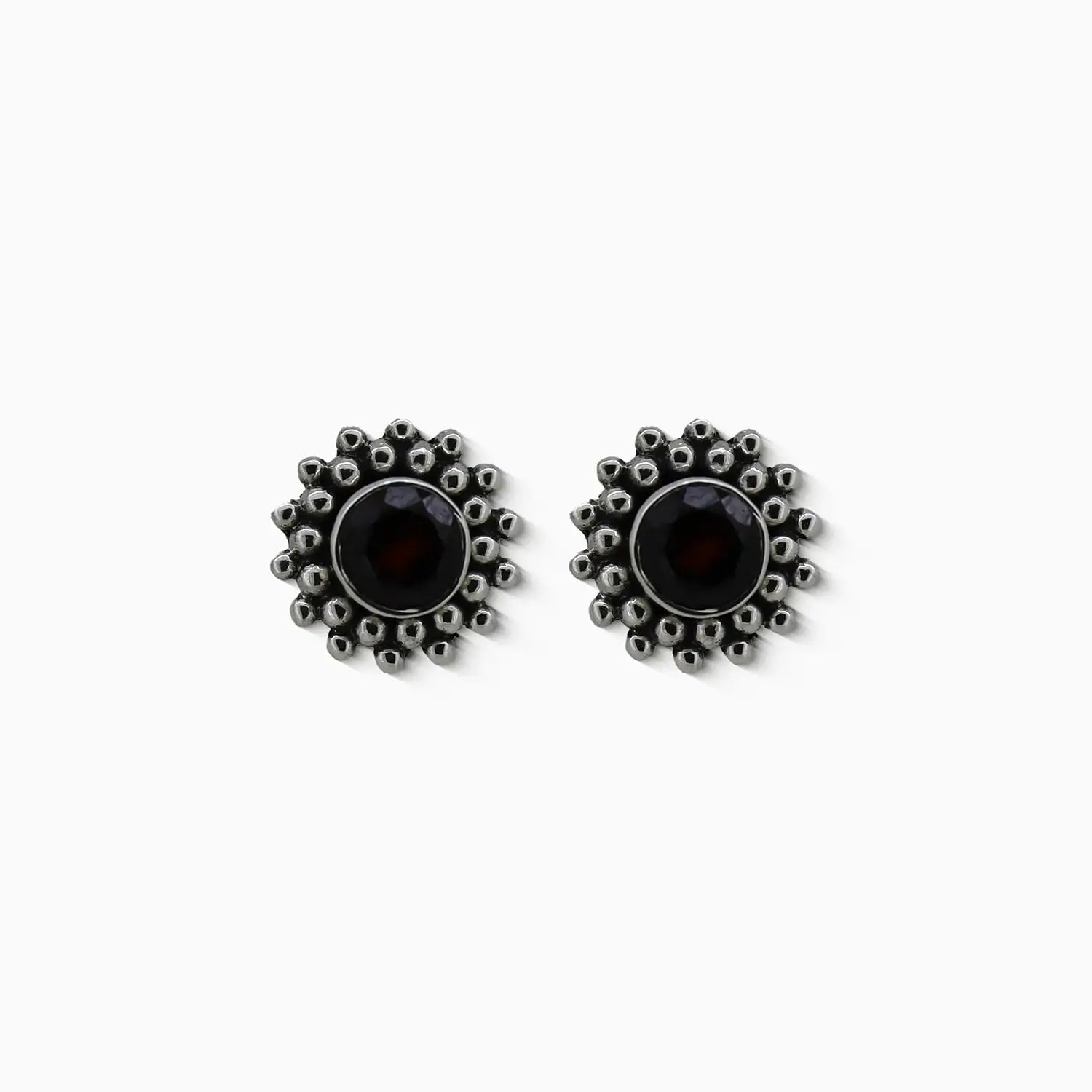 Silver Garnet Floral Stud Earrings- Made With Pure 925 Silver