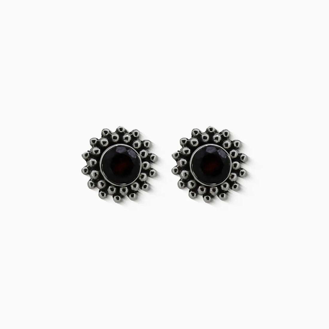 Silver Garnet Floral Stud Earrings- Made With Pure 925 Silver