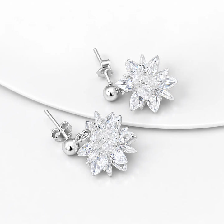 Crystal Flower Drop Earrings - Made With Pure 925 Silver