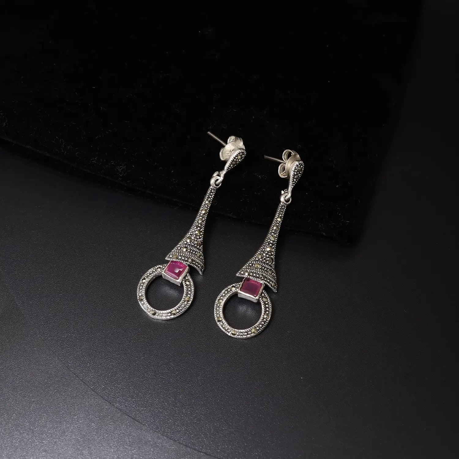 Noor Red Stone Oxidized Silver Drop Earrings- Made With Pure 925 Silver