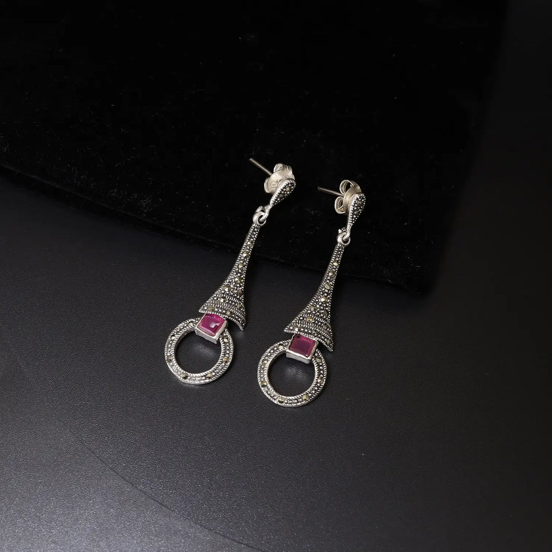 Noor Red Stone Oxidized Silver Drop Earrings- Made With Pure 925 Silver