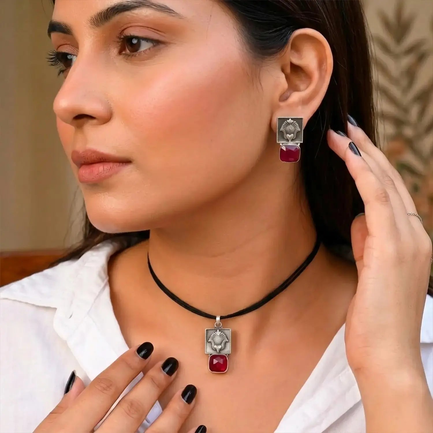 Vintage Ruby Floral Sterling Silver Pendant Set - Made With Pure 925 Silver
