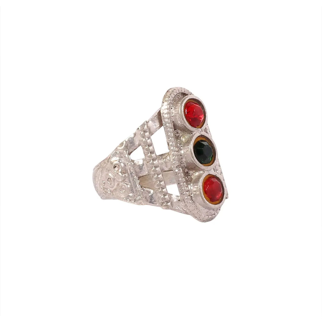 Silver Tribal Ring with Red & Green Stones- Made With Pure 925 Silver