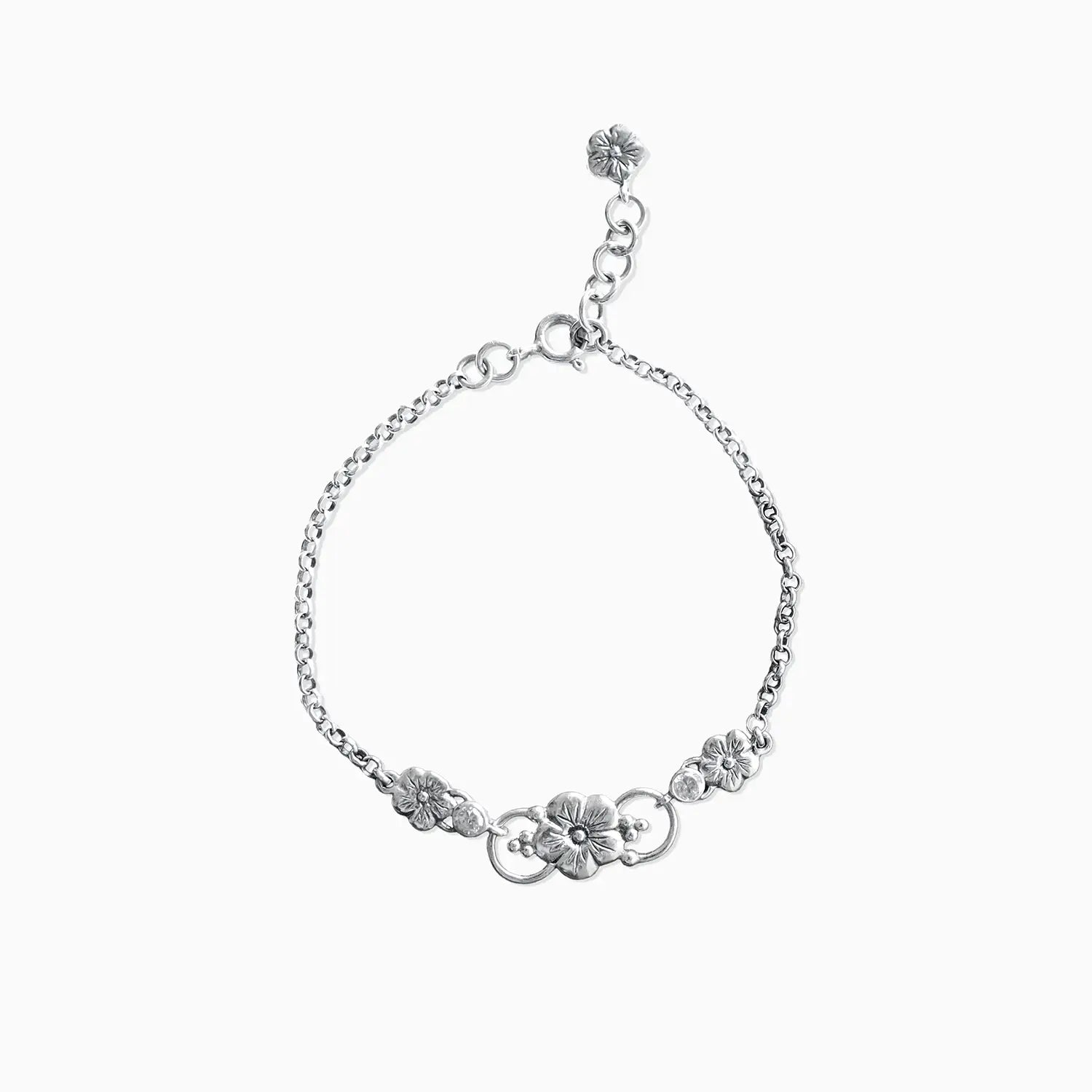 Floral Charm Sterling Silver Bracelet- Made With Pure 925 Silver