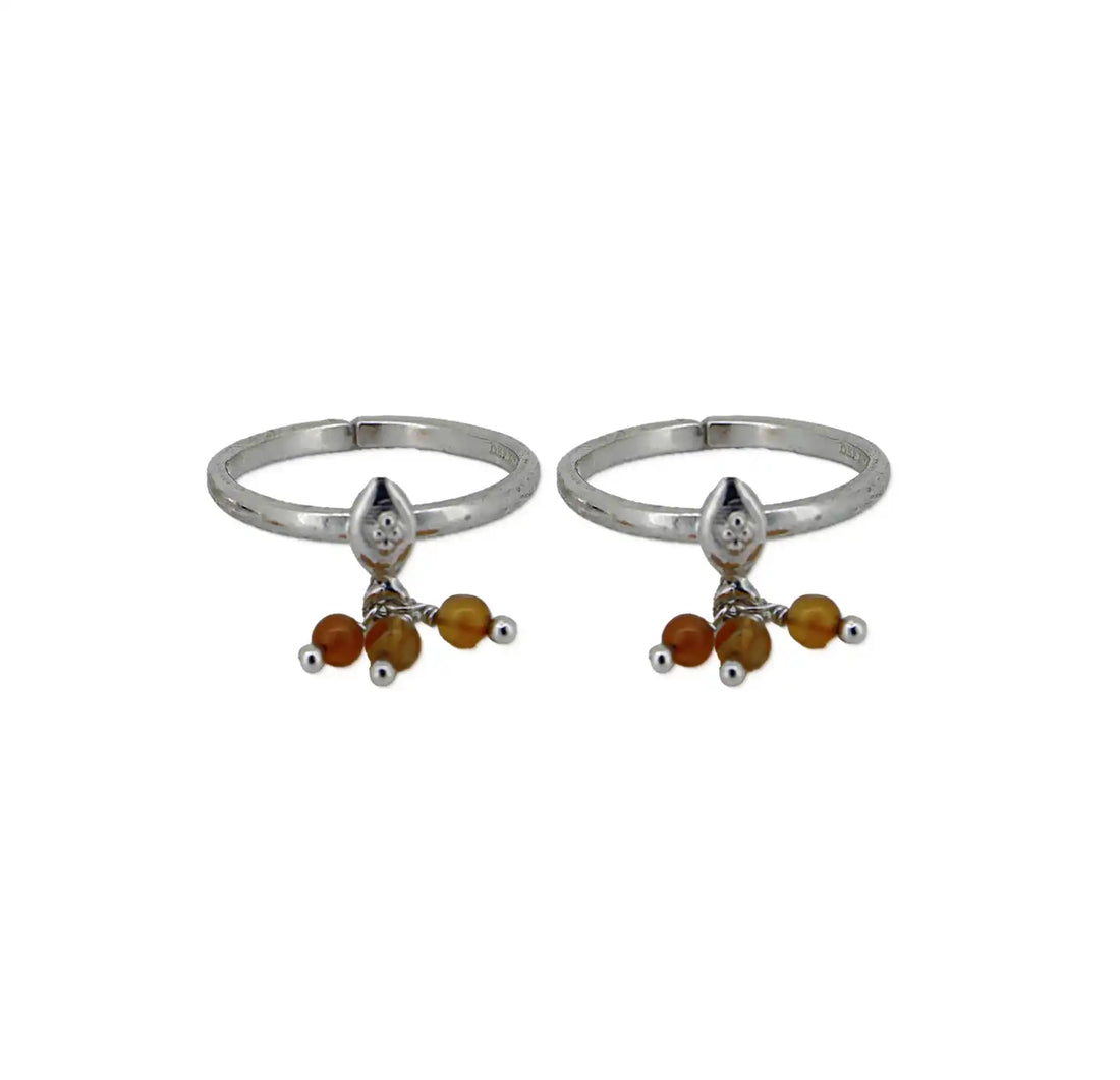 Leaf Charm Sterling Silver Toe Rings with Amber Beads- Made With Pure 925 Silver