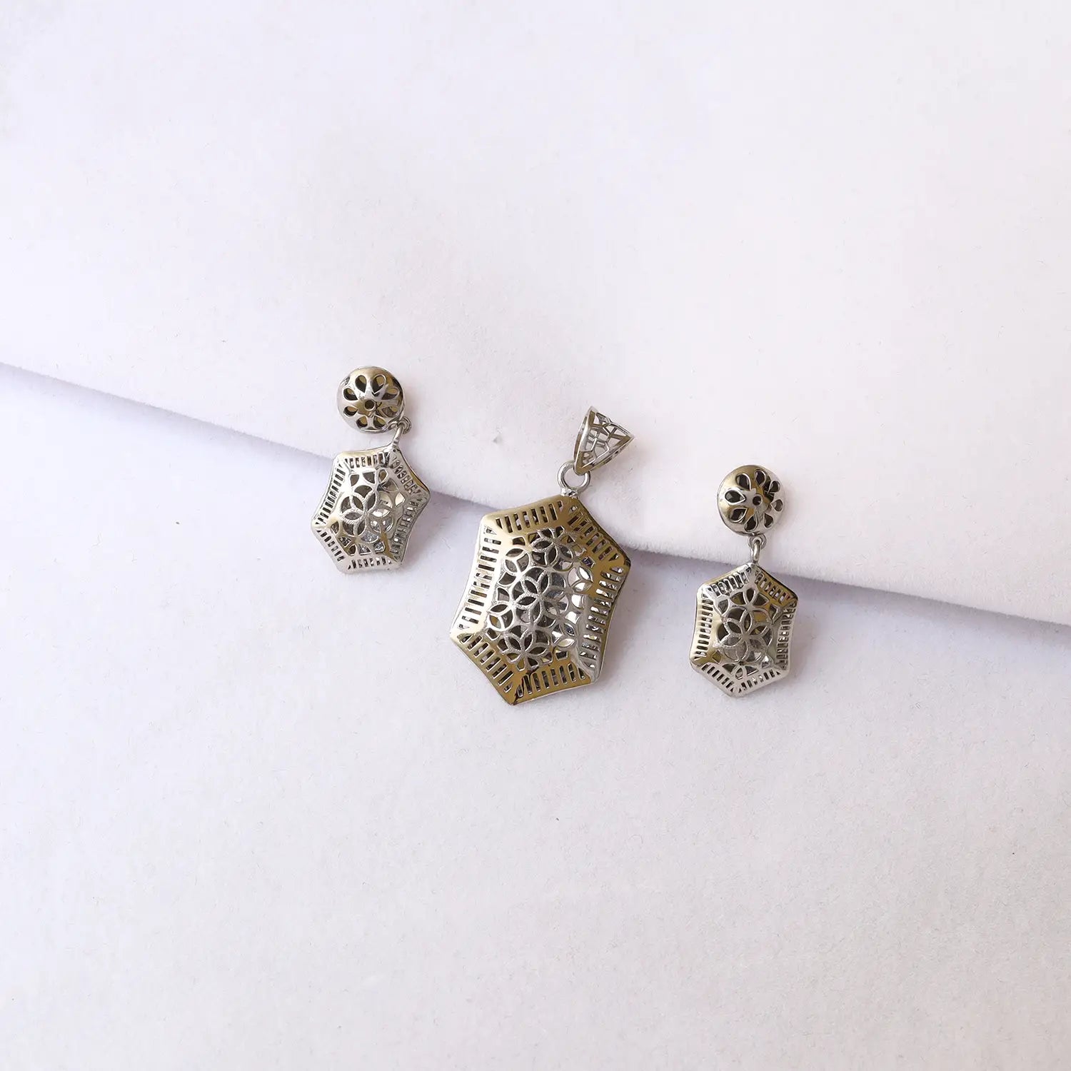 Elegant Geometric Filigree Pure Silver Pendant & Earrings Set - Made With Pure 925 Silver