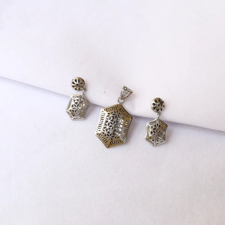 Elegant Geometric Filigree Pure Silver Pendant & Earrings Set - Made With Pure 925 Silver