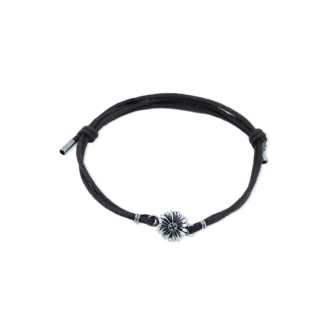 Sunflower Charm Silver Bracelet on Black Cord- Made With Pure 925 Silver
