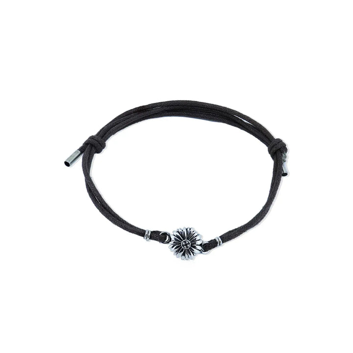 Sunflower Charm Silver Bracelet on Black Cord- Made With Pure 925 Silver